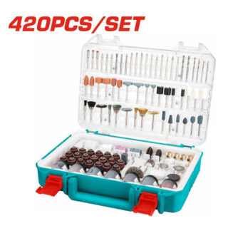Thương hiệu Total Xuất xứ Trung Quốc Model TAKMG4208 Bộ 420 linh kiện máy mài khuôn gồm 40 ron cát, 7 nỉ bọc, 2 mũi mài viên đạn, 1 bánh mài vải, 4 đĩa cao su đánh bóng, 6 mũi khoan xoắn, 3 cái dao phay, 1 lưỡi cưa hợp kim, 1 lưỡi cưa thép không gỉ, 3 Thanh cố định cho đá mài, 10 kim mài, 10 đầu mài hợp kim, 9 đầu mài, 9 bàn chải, 4 mâm cặp, 6 đĩa cắt, 1 đĩa mài cao su, 18 đá mài không cốt, 1 đá mài nhọn, 2 thanh trộn, 1 chìa vặn, 120 đĩa mài, 157 giấy chà nhám, 1 miếng dán và 3 mũi ren phi tiêu chuẩn. Đóng gói trong hộp nhựa