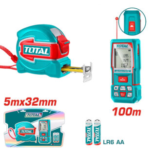 Thương hiệu Total Mã sản phẩm TOS250902 Xuất xứ Trung Quốc Bộ combo gồm: 1 máy đo khoảng cách tia laser TMT51036 & 1 Thước kéo thép nền vàng 5mx32mm TMT80532 Kèm 2 pin AA LR6