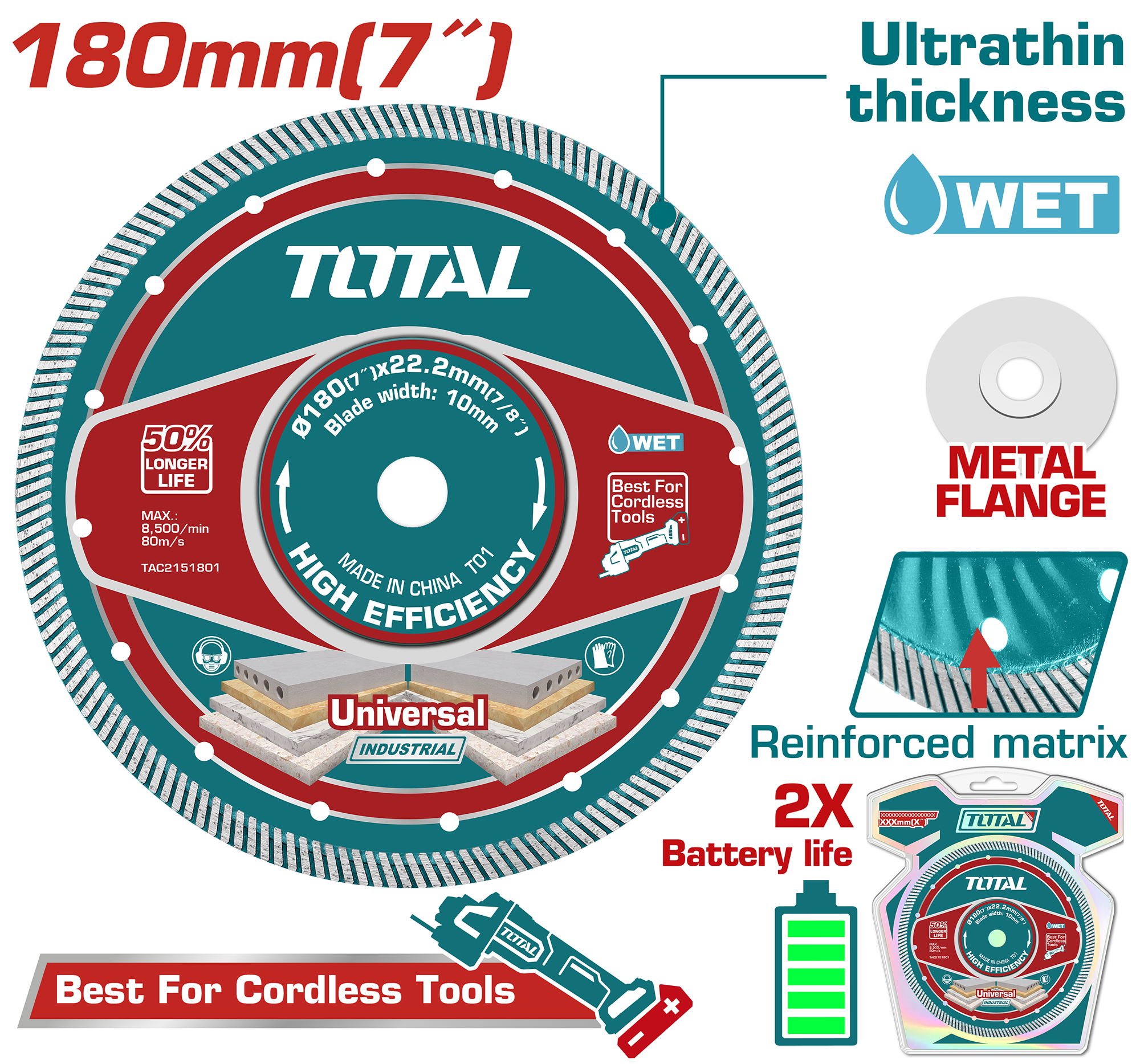 TAC2151801-1 Đĩa cắt gạch siêu mỏng 180mm kèm tán Total TAC2151801