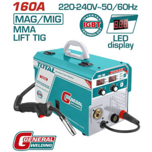 Thương hiệu Total Xuất xứ Trung Quốc Model TMGT1601 Điện áp đầu vào: 1~220-240V Tần số: 50/60Hz. Dòng điện đầu ra MAG/MIG(A): 30-160 Dòng điện đầu ra MMA (A): 10-160A Dòng điện đầu ra Lift TIG (A): 10-160 Hiệu suất hoạt động: (%):30%@40oC. màn hình LCD Điện áp không tải(V): 80. Có sẵn cho cuộn dây 5Kg Kích thước dây hàn: 0,6,0,8,1,0mm. Tốc độ dây (m/phút): 2-11 Đường kính que hàn MMA (mm): 1.6-4.0 Phụ kiện Gồm 1 kềm hàn có dây cáp: 1 kềm tiếp đất có dây cáp 1 bàn chải và 1 mặt nạ hàn, 1 que đuốc MIG Đóng gói bằng hộp carton